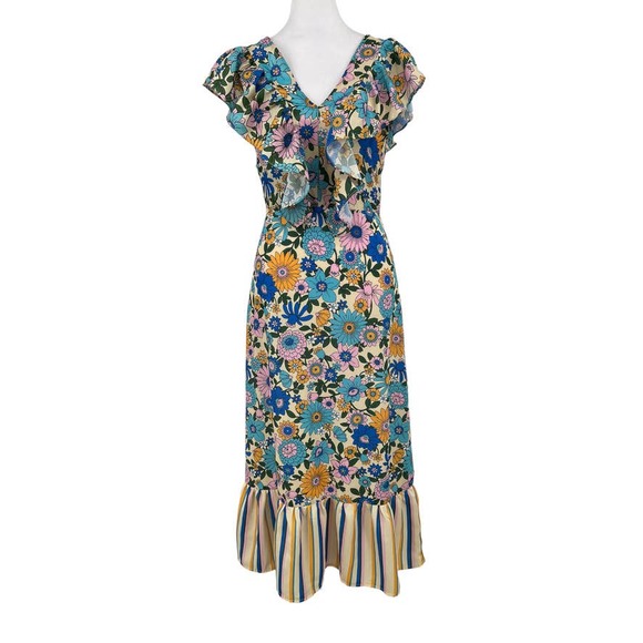 NEW - TOPSHOP Mix and Match Stripe and Floral Retro Midi Dress in Multi - Size 2 - Picture 1 of 16